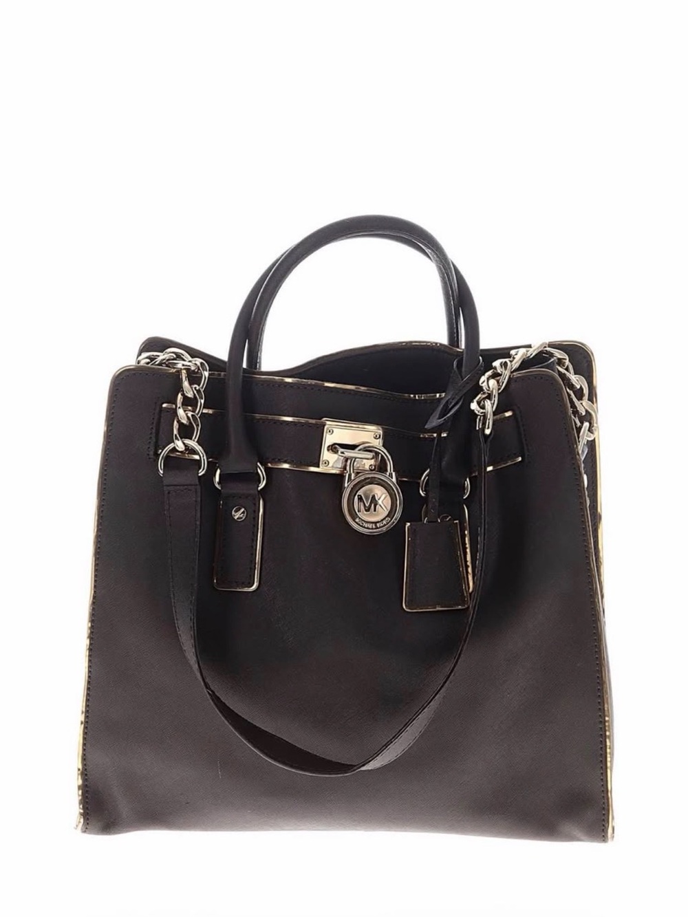 Michael Kors Black Leather Satchel with Chain-Trim Straps